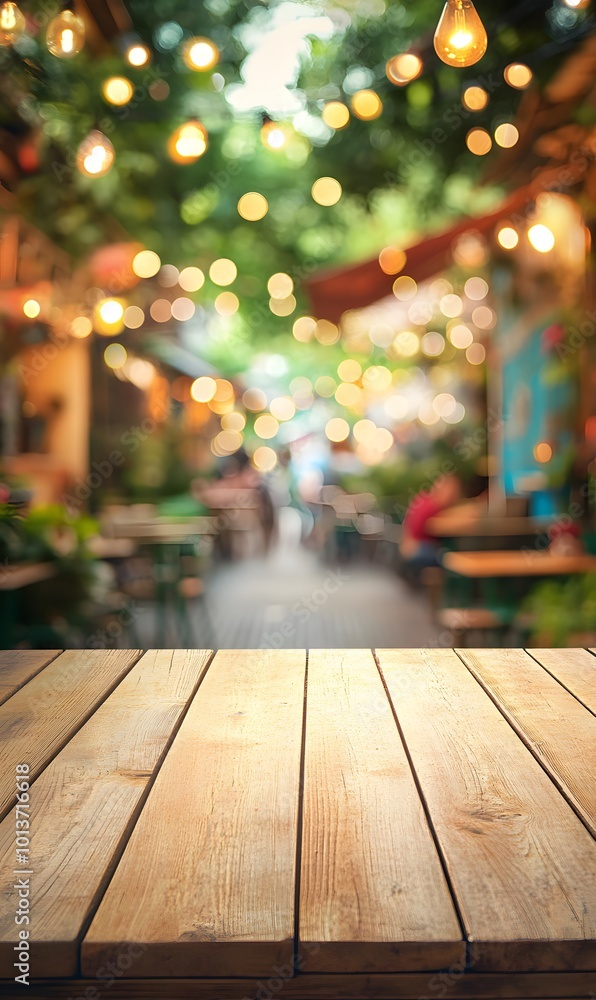 Poster 1. **serene table setting:** illustrate an empty brown wooden table under soft bokeh lights, set aga