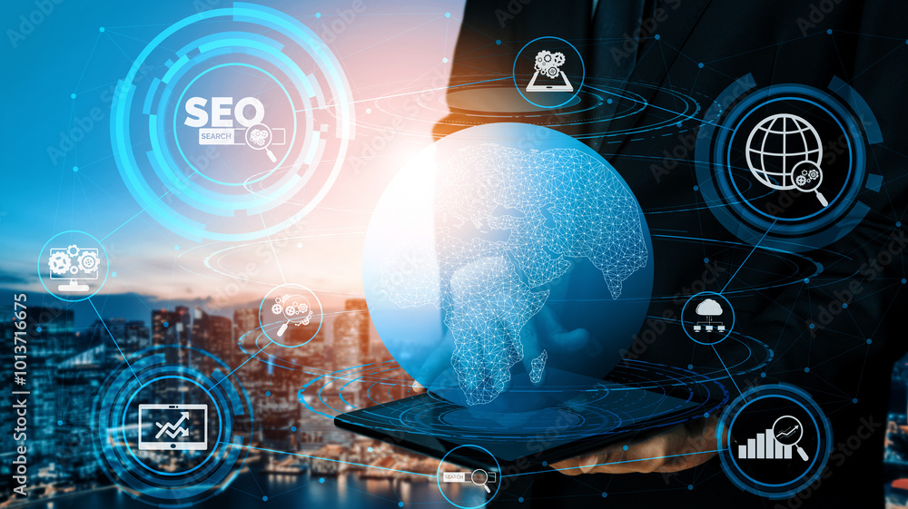 Aufkleber seo - search engine optimization for online marketing concept. modern interface showing symbol of ke