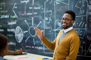 African American teacher explains complex math concept on blackboard in classroom. Female educator points to chalkboard diagram, engages with student seated at desk. Chalkboard displays educational
