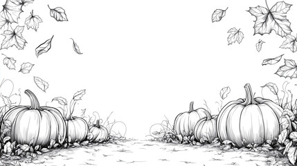 Hand-drawn pumpkin patch scene, with leaves falling softly around it, copy space, black and white