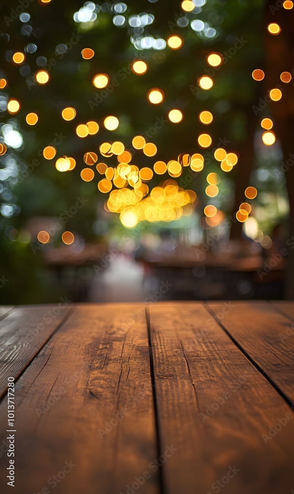 Poster 3. **evening glow:** depict an empty wooden table at dusk, softly illuminated by enchanting bokeh li