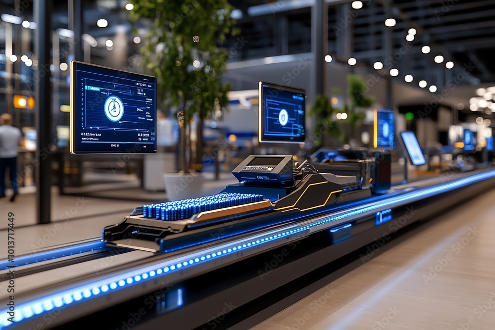 Poster 3D-rendered quality control inspection room, with detailed equipment and floating screens displaying product data