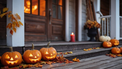 Obraz premium Halloween pumpkins, candles and autumn leaves on the wooden house