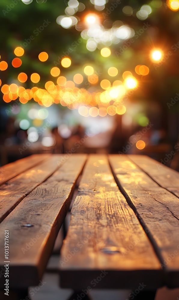 Poster 3. **evening glow:** depict an empty wooden table at dusk, softly illuminated by enchanting bokeh li