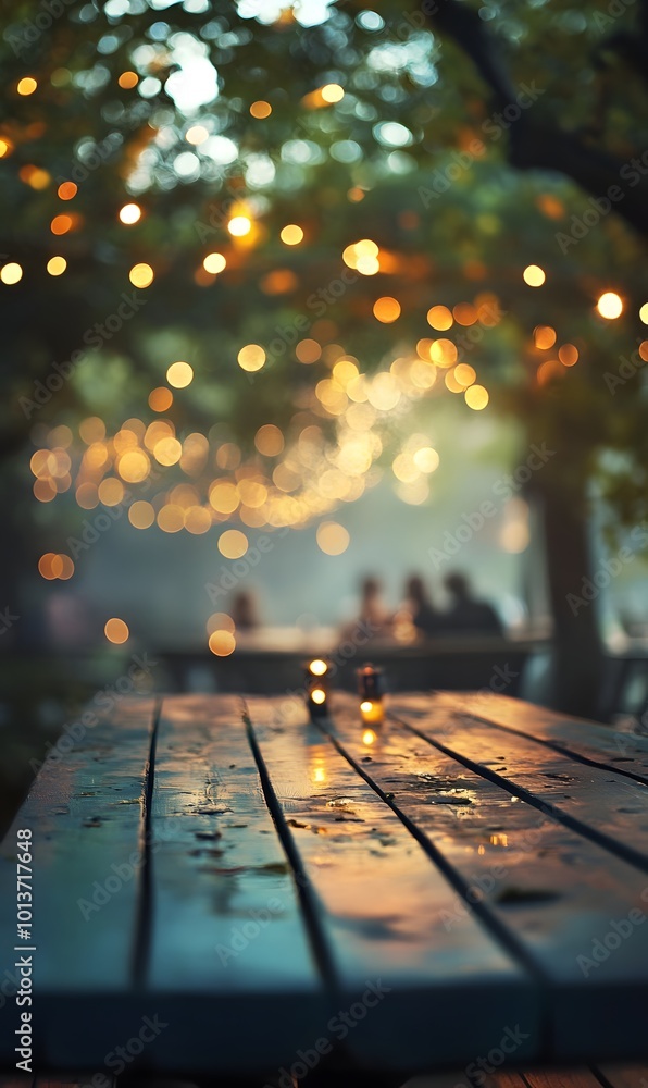 Poster 3. **evening glow:** depict an empty wooden table at dusk, softly illuminated by enchanting bokeh li