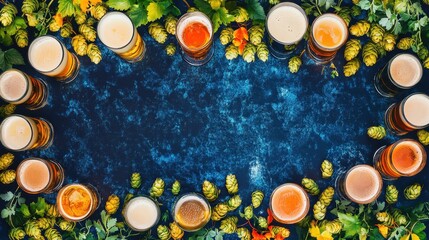 A colorful summer craft beer festival banner with a border of beer glasses and hops, perfect for promoting brewery events and sales.