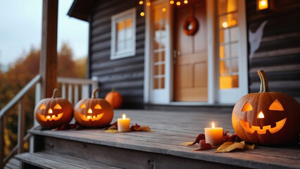 Fototapeta premium Halloween pumpkins, candles and autumn leaves on the wooden house