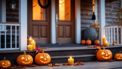 Obraz premium Halloween pumpkins, candles and autumn leaves on the wooden house