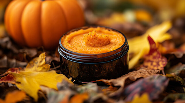 A pumpkin spice body scrub jar, with detailed leaf patterns wrapping around the container and a pumpkin in the center. Copy space