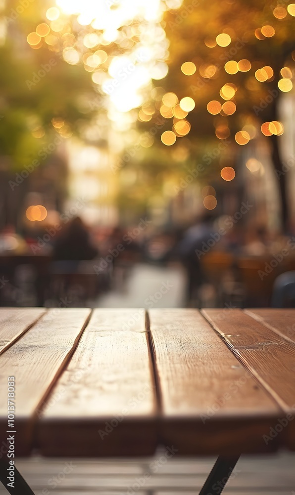 Poster 4. **charming outdoor vibes:** visualize an empty brown wooden table with a beautiful bokeh effect i