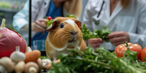 Fototapeta premium A petite pink guinea pig munching on fresh vegetables in its enclosure, while a knowledgeable staff member monitors its health at an exotic pet center.