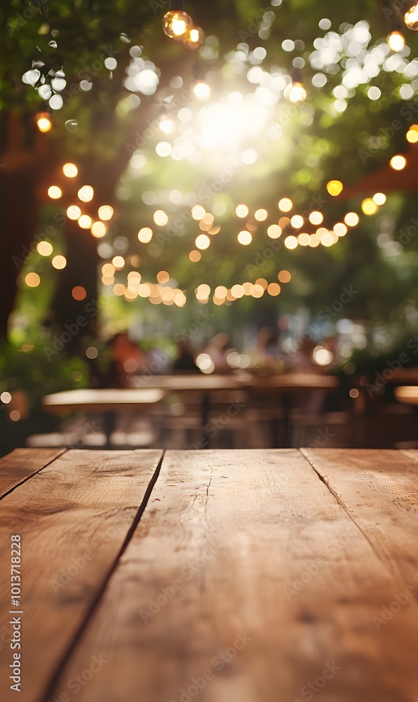 Aufkleber 4. **charming outdoor vibes:** visualize an empty brown wooden table with a beautiful bokeh effect i