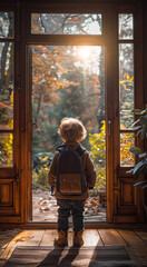 A child exploring the forest during autumn evening. A young child with a backpack stands at the doorway, gazing at the beautiful autumn forest illuminated by the evening sun.