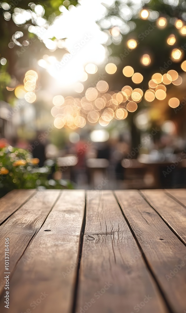 Aufkleber 4. **charming outdoor vibes:** visualize an empty brown wooden table with a beautiful bokeh effect i