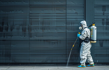 Person in protective gear sanitizes urban surfaces. A worker in a protective suit sprays disinfectant on surfaces in an urban area to ensure public safety during a health crisis.