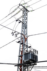 Power pole and transformer with communication and transmission lines