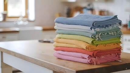 Wooden table with colorful towels and a blurred kitchen background