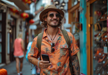 Young man at a summer street market. A stylish man in sunglasses and a colorful shirt enjoys a summer day at a lively street market, capturing moments on his phone.