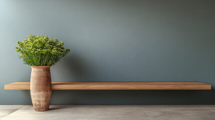 Fototapeta premium Minimalist wooden bench with a rustic vase of greenery against a muted wall in a modern space