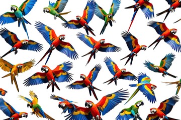 Fototapeta premium Vibrant Flying Macaw Parrots Isolated on White Background for Nature Lovers