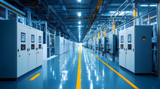 Electric control cabinet substation in a new factory plant, representing modern industrial technology and efficient layout