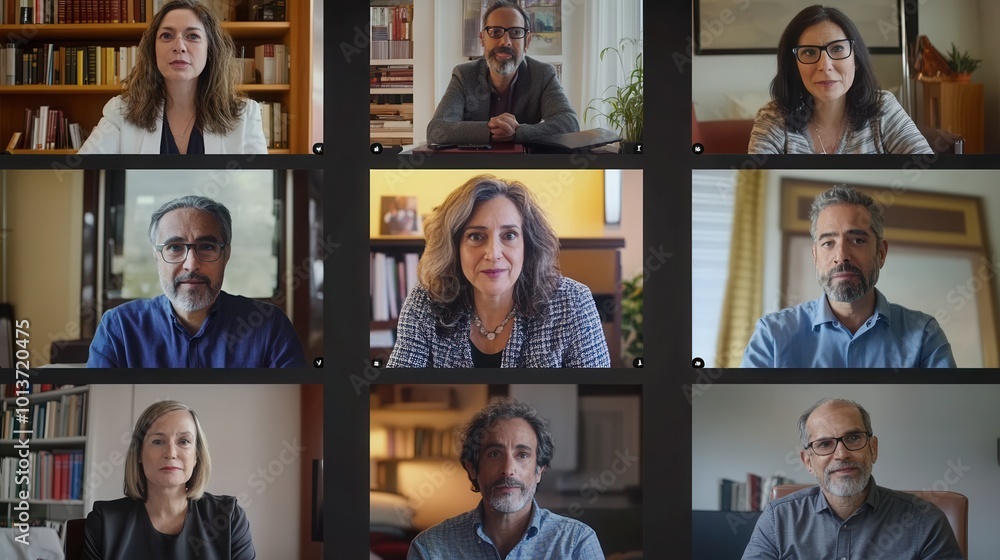Poster nine professionals participate in an online conference, each sharing insights from their respective 