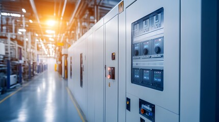 Electric control cabinet substation in a new factory plant, representing modern industrial technology and efficient layout