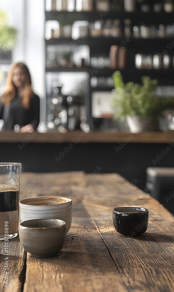 Aufkleber 1. **inviting product display:** create an image of a rustic wooden table in a modern cafe, adorned 