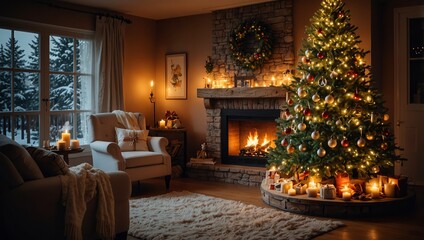 Cozy christmas scene with decorations, a warming fireplace and a christmas tree, Happy christmas, full of seasons greetings