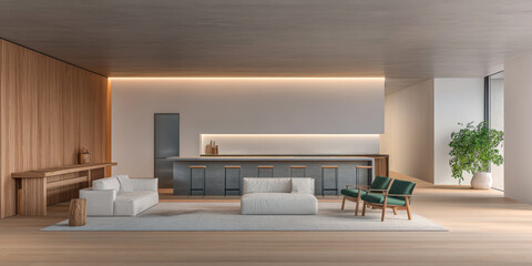 Elegant minimalistic living room with natural light and modern furnishings in a contemporary setting