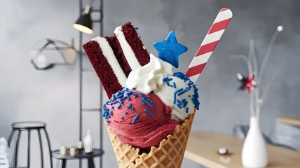 Naklejka premium 4th of July themed red velvet ice cream in a waffle cone