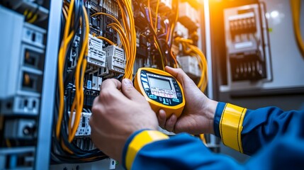 Electricity and electrical maintenance service, featuring an engineer's hand holding an AC voltmeter to check electric current voltage.