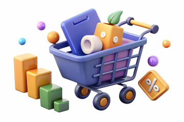 Glowing Abstract Shopping Cart with Cyber Monday Discount Elements - Flat Vector Illustration for Ecommerce Sales