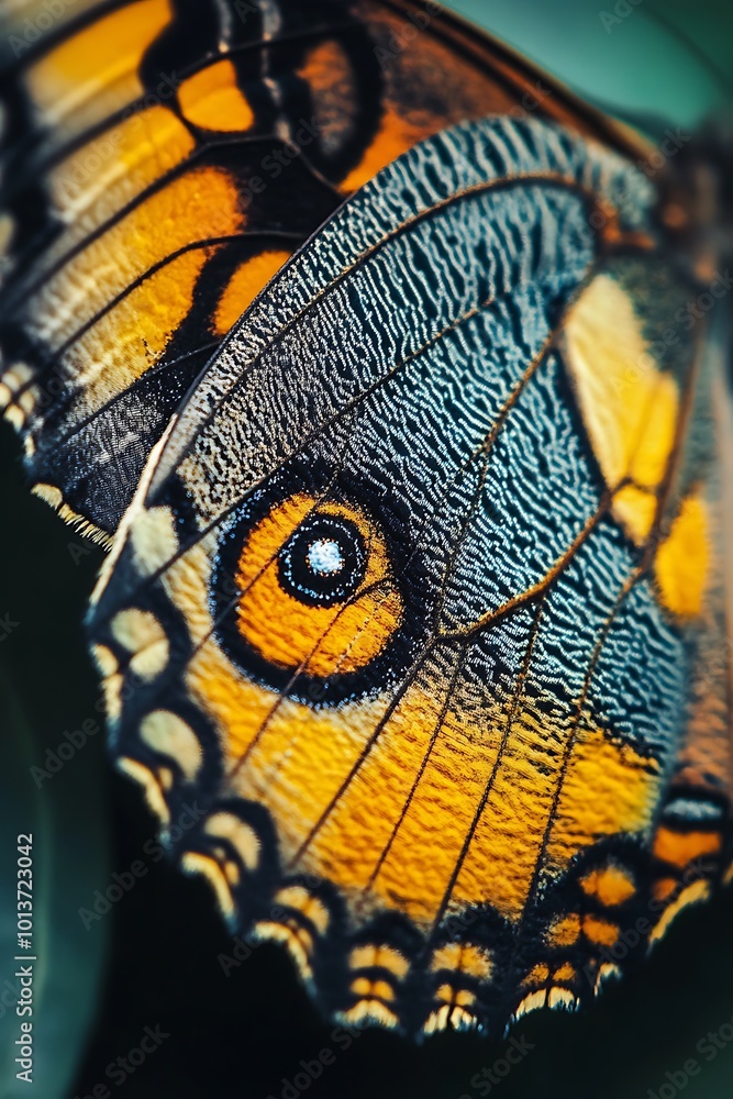Poster close up macro photo of colorful butterfly wing with intricate details, natural textures and pattern