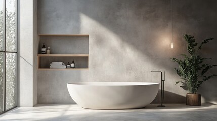 A modern minimalist bathroom with textured walls and recessed shelves, showcasing a balance of simplicity, functionality, and style.