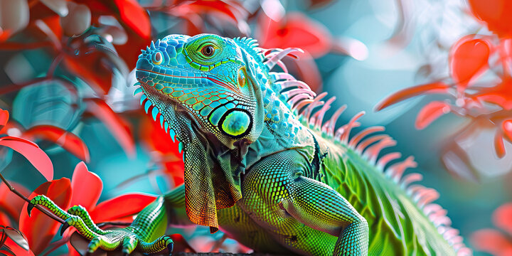 A curious green iguana exploring its surroundings, its colorful scales reflecting shades of blue and red.