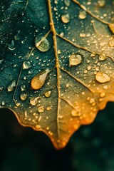 Fototapeta premium Closeup of Raindrops on Green and Yellow Leaf