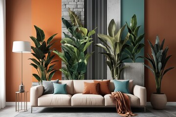 Vibrant Plant Facade Art on Canvas for Contemporary Interior Design in Tangerine Stone Grey Muted Teal and Bronze