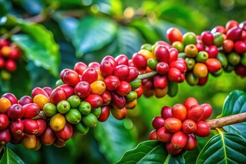 Fototapeta premium A coffee bean fruit glistens amidst a lush green backdrop, highlighting natureâ€™s abundant beauty. The branch cradles the vibrant orbs of life.