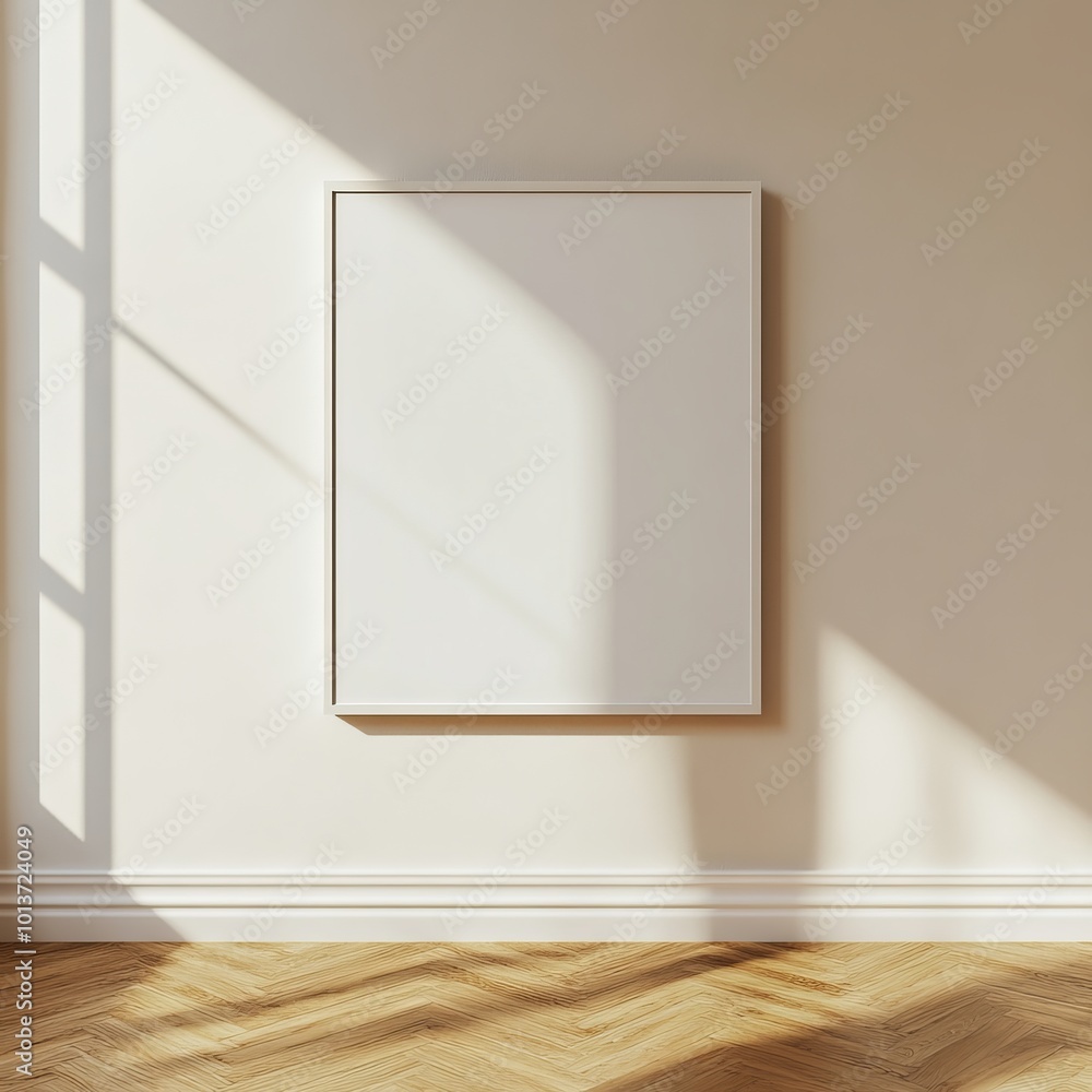Poster a minimalist room bathed in light from a large window, featuring simple decor and an empty frame on 
