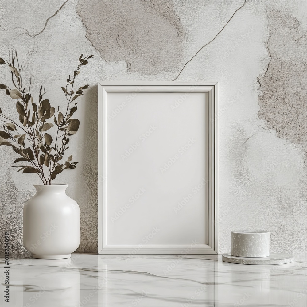 Aufkleber a clean and calming minimalist setup featuring a white vase and frame on a marble surface with a tex