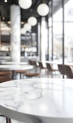 2. **Chic Minimalism:** Illustrate a clean white marble tabletop in a stylish cafe or restaurant interior, with an abstract blurred background of muted colors and textures. This minimalist setting