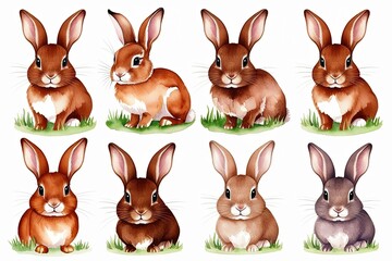Fototapeta premium Adorable Brown Rabbit Watercolor Illustrations on Clean White Background