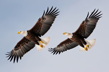 Obraz premium Stunning Pair of Soaring Eagles on Pristine White Snow Background