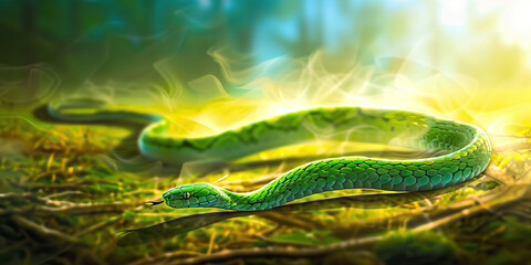 Obraz premium A slithering green snake sliding across the forest floor, its scales catching hints of blue sky and yellow sunlight.