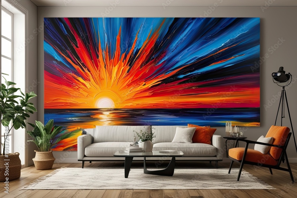 Poster vibrant sunset painting with dynamic color splashes on transparent canvas