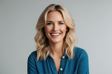 Joyful Blonde Woman Image on Plain Background