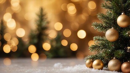 Decorated christmas tree pine on blurred gold background bokeh light banner 