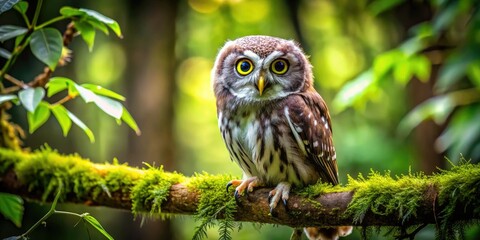 Obraz premium Adorable Owl Perched on a Branch in a Lush Green Forest with Bright Eyes and Fluffy Feathers
