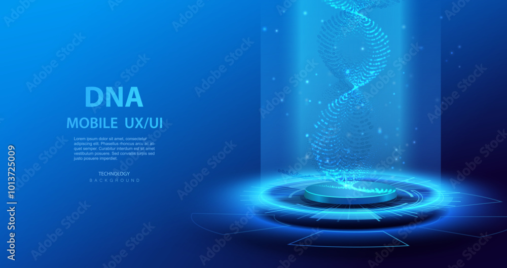 Poster artificial intelligence dna particle waves on technology platform. future chromosome connect innovat